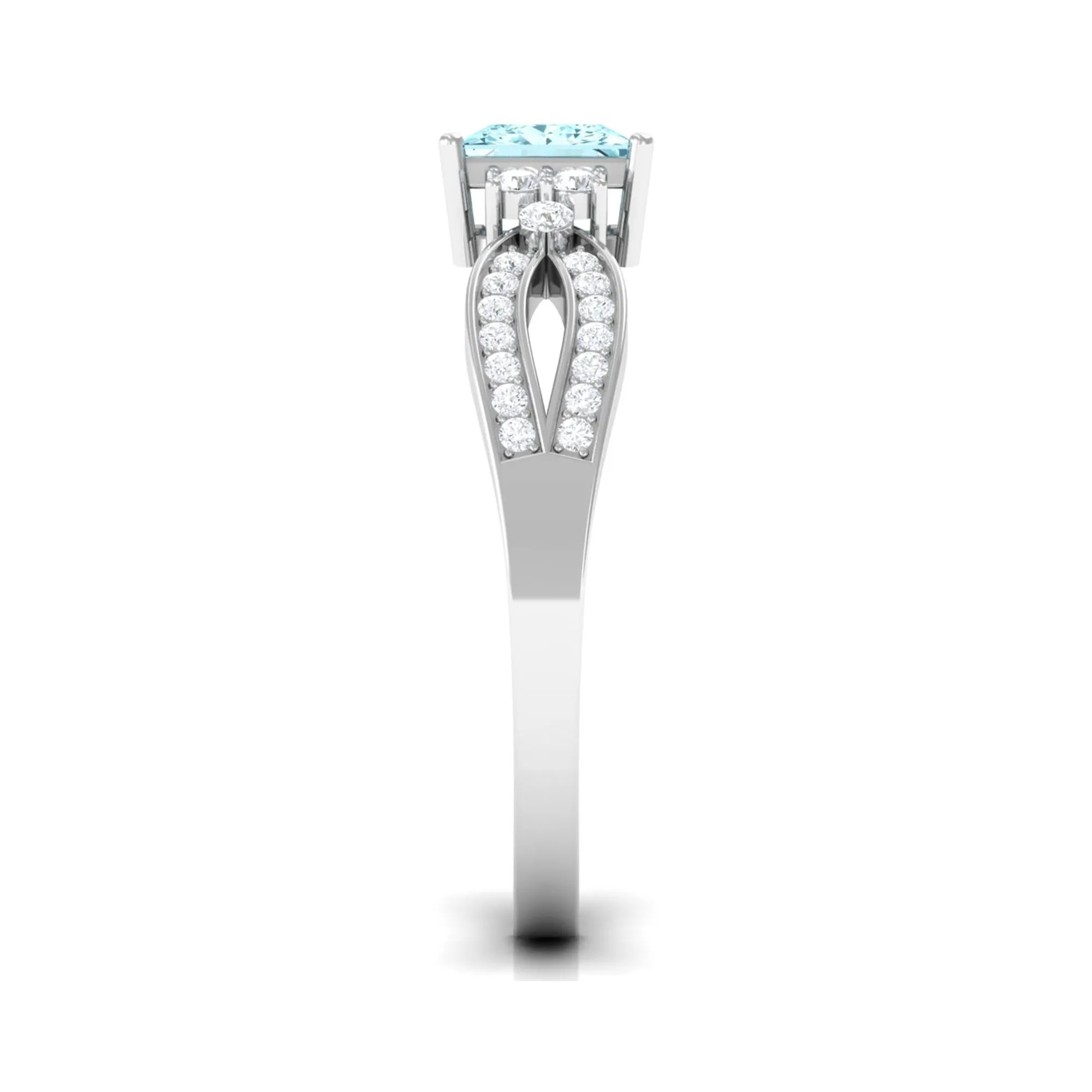 1 CT Split Shank Blue Aquamarine and Diamond Engagement Ring