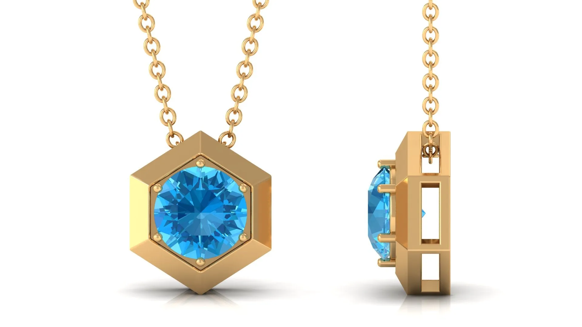 1 CT Swiss Blue Topaz Solitaire Hexagon Pendant Necklace
