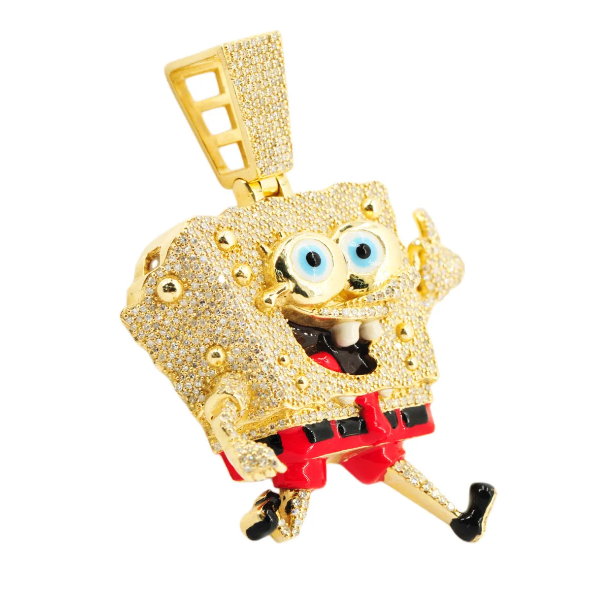 10k YELLOW GOLD 1.60CTW DIAMOND MIDDLE FINGER CARTOON SPONGE CHARACTER PENDANT