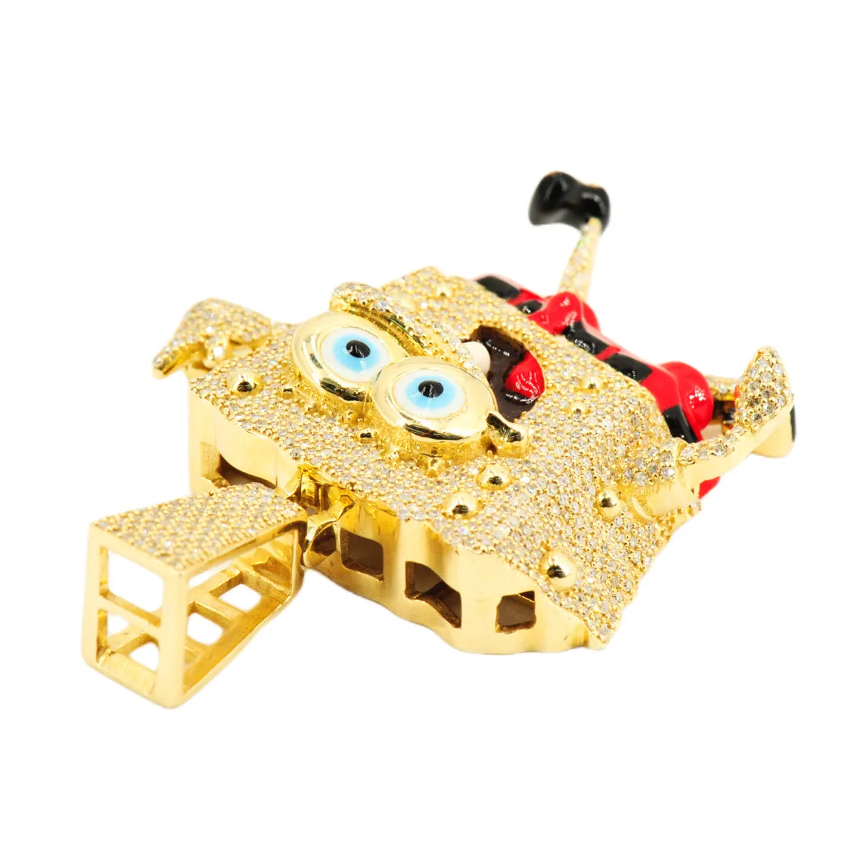 10k YELLOW GOLD 1.60CTW DIAMOND MIDDLE FINGER CARTOON SPONGE CHARACTER PENDANT