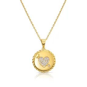 14K Solid Yellow Gold Pave CZ Heart Pendant, With 18" Cable Chain Necklace