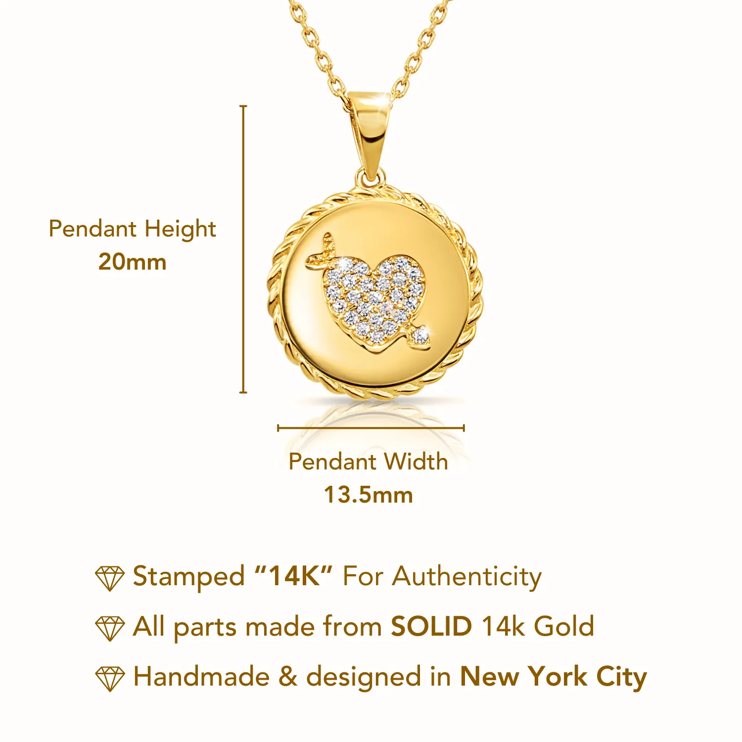 14K Solid Yellow Gold Pave CZ Heart Pendant, With 18" Cable Chain Necklace