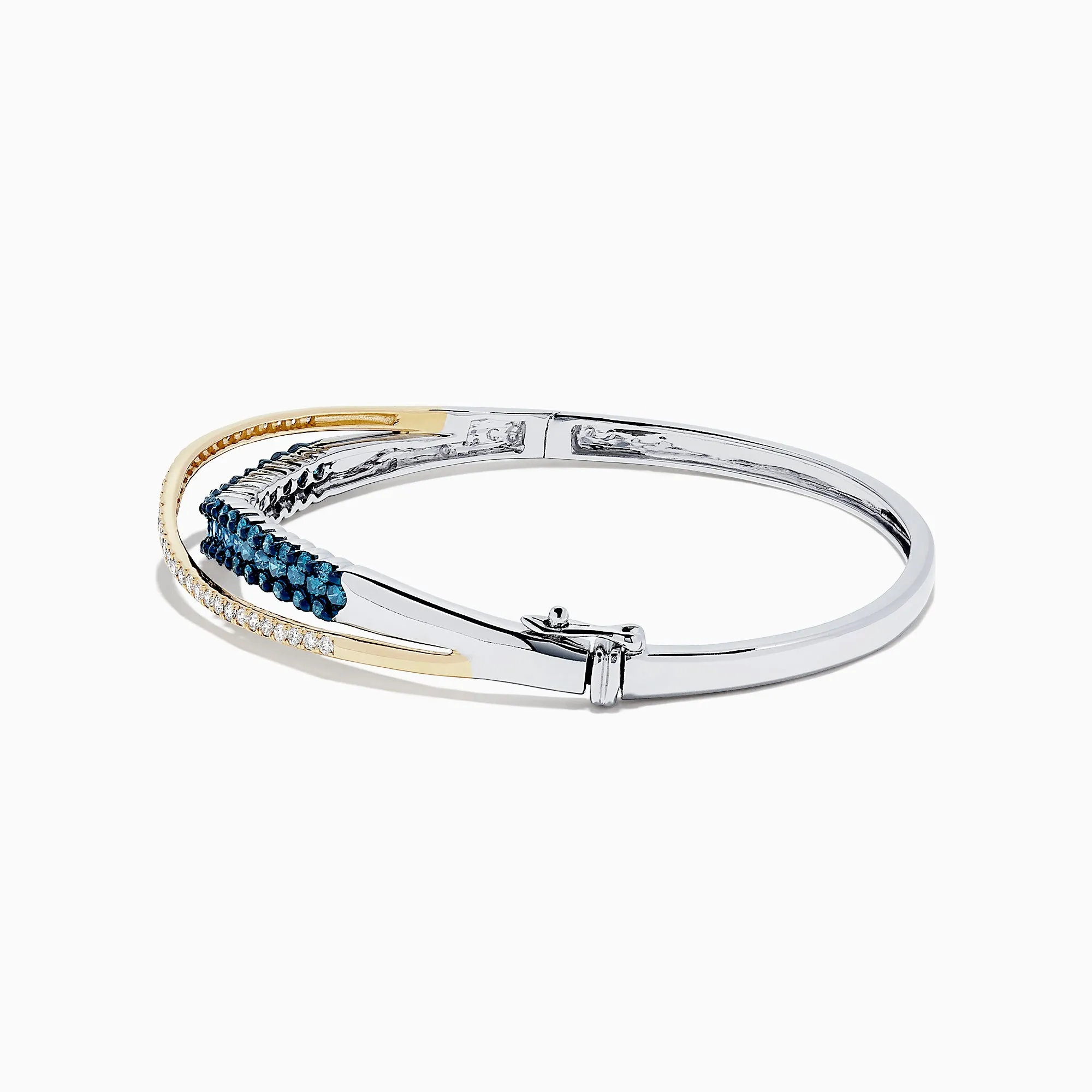 14K Two Tone Gold Blue and White Diamond Crossover Bangle, 2.00 TCW