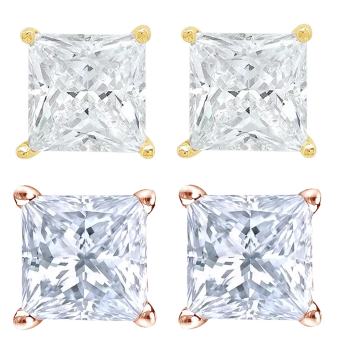 14k Yellow And Rose Gold 1/2 Carat Solitaire Created Diamond 2 Pair Princess Stud Earrings