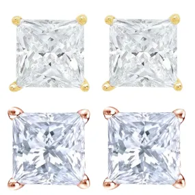 14k Yellow And Rose Gold 1/2 Carat Solitaire Created Diamond 2 Pair Princess Stud Earrings