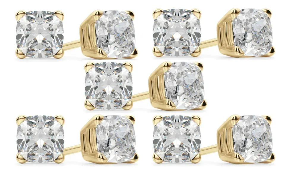 14k Yellow Gold 4mm 1Ct Cushion Cut White Sapphire Set Of Five Stud Earrings Plated
