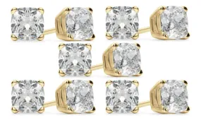 14k Yellow Gold 4mm 1Ct Cushion Cut White Sapphire Set Of Five Stud Earrings Plated