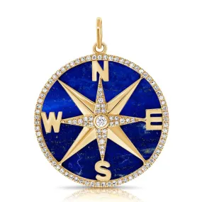 14K Yellow Gold Diamond   Lapis Compass Pendant