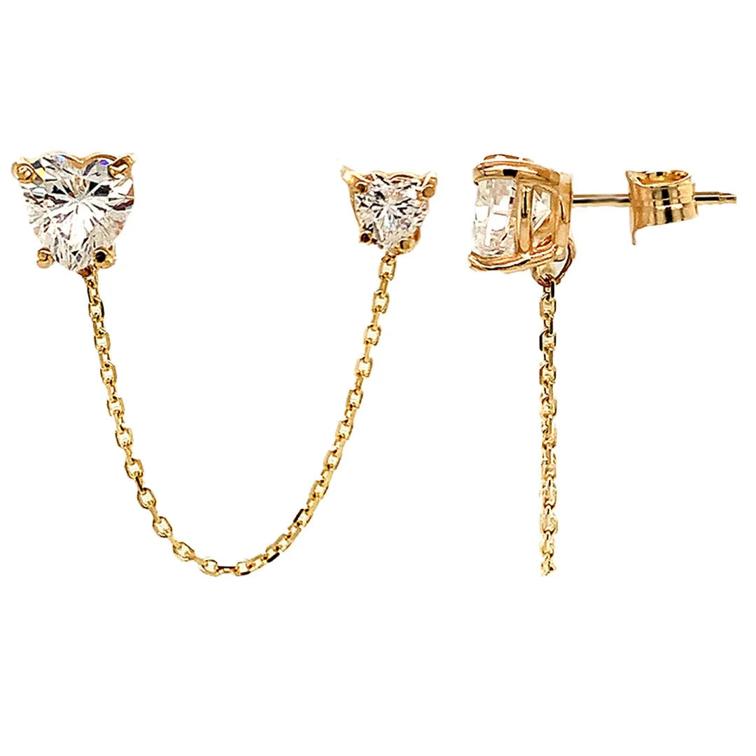 14K Yellow Gold Double Heart-Shaped White Gemstone Chain Studs