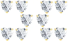 14k Yellow Gold Plated 2Ct Heart White Sapphire Set Of Five Stud Earrings