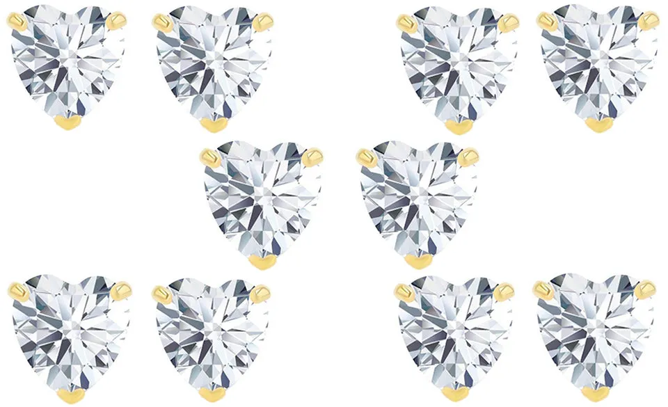 14k Yellow Gold Plated 2Ct Heart White Sapphire Set Of Five Stud Earrings
