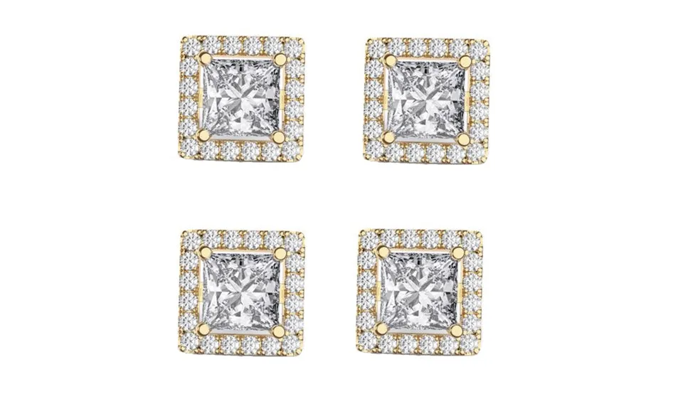 14k Yellow Gold Plated 3Ct Square Cut White Sapphire Set of Two Halo Stud Earrings