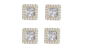 14k Yellow Gold Plated 3Ct Square Cut White Sapphire Set of Two Halo Stud Earrings