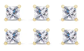 14k Yellow Gold Plated 6mm 1Ct Princess Cut White Sapphire Set Of Three Stud Earrings