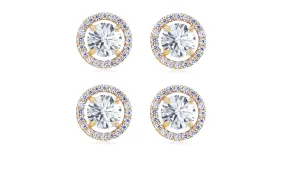 14k Yellow Gold Plated 6mm 1Ct Round White Sapphire Set Of Two Halo Stud Earrings