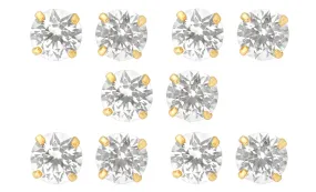 14k Yellow Gold Plated 6mm 2Ct Round White Sapphire Set Of Five Stud Earrings