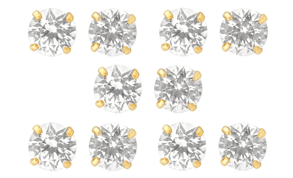 14k Yellow Gold Plated 6mm 2Ct Round White Sapphire Set Of Five Stud Earrings