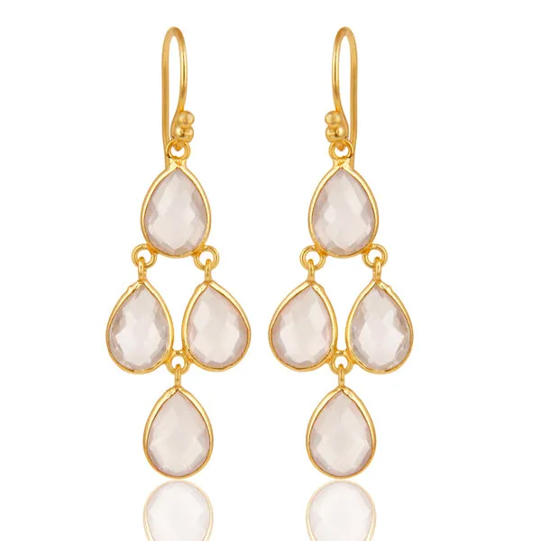 18K Gold Plated Sterling Silver Rose Quartz Bezel Set Dangle Earrings