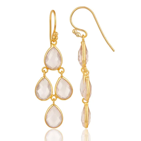 18K Gold Plated Sterling Silver Rose Quartz Bezel Set Dangle Earrings
