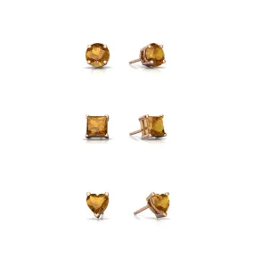 18k Rose Gold Plated 4Cttw Created Citrine 3 Pair Round, Square and Heart Stud Earrings