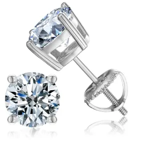 18K White Gold 4 Carat Round Created Diamond Screw Back Stud Earrings Plated By Paris Jewelry
