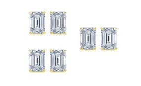 18k Yellow Gold 4mm 2Ct Emerald Cut White Sapphire Set Of Three Stud Earrings Plated