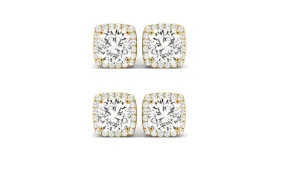 18k Yellow Gold 6mm 1/2Ct Cushion Cut White Sapphire Set Of Two Halo Stud Earrings Plated