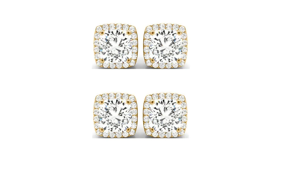 18k Yellow Gold 6mm 1/2Ct Cushion Cut White Sapphire Set Of Two Halo Stud Earrings Plated