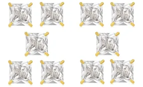 18k Yellow Gold Plated 3Ct Square Cut White Sapphire Set Of Five Stud Earrings
