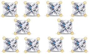 18k Yellow Gold Plated 4mm 2Ct Princess Cut White Sapphire Set Of Five Stud Earrings