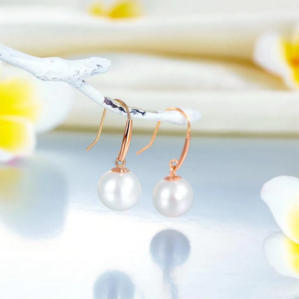 18K/750 Rose Gold Drop Dangle Pearl Earrings 8 mm