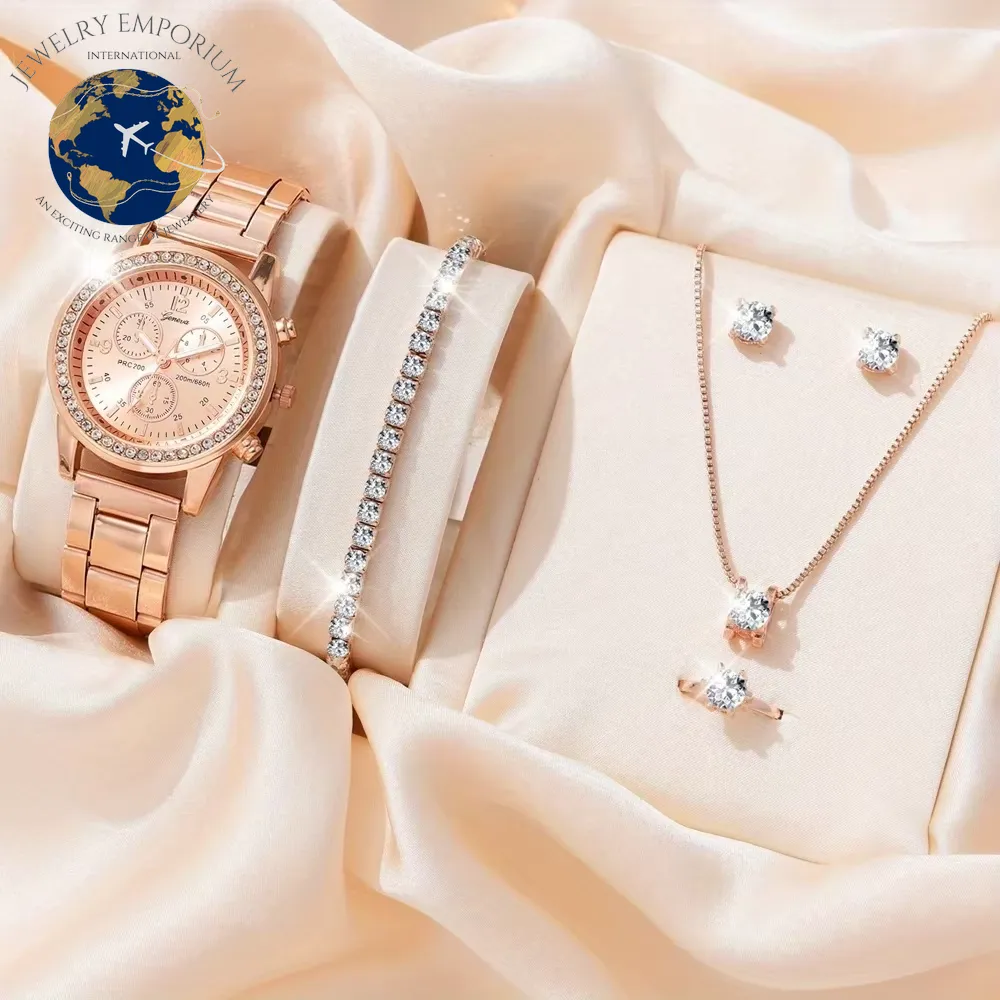 6PCS Set Luxury Watch Women Ring Necklace Earrings Rhinestone Fashion Wristwatch Female Casual Ladies Watches Bracelet Set Clock