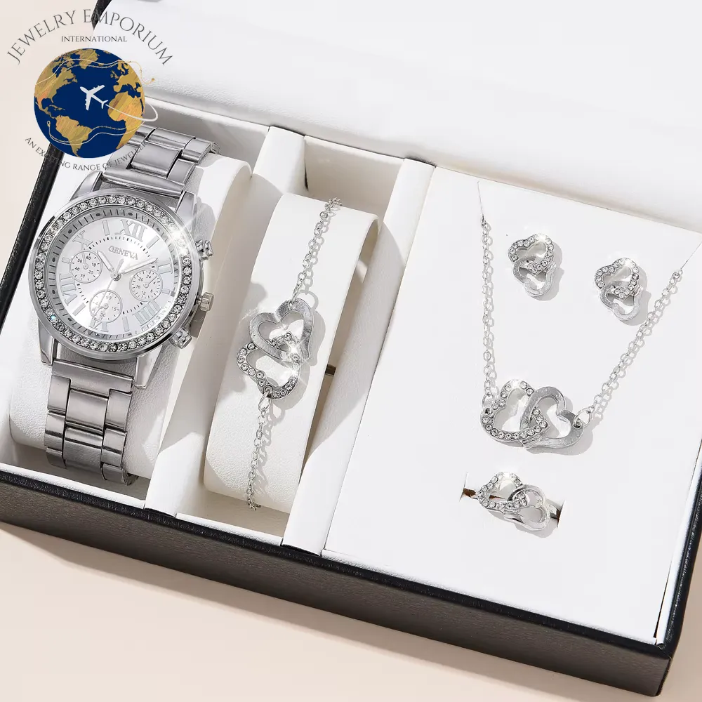 6PCS Set Luxury Watch Women Ring Necklace Earrings Rhinestone Fashion Wristwatch Female Casual Ladies Watches Bracelet Set Clock