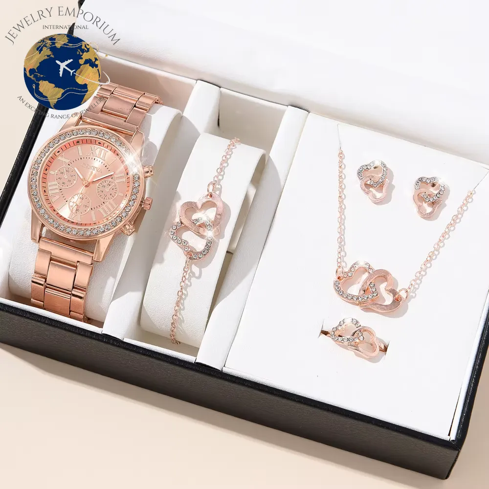 6PCS Set Luxury Watch Women Ring Necklace Earrings Rhinestone Fashion Wristwatch Female Casual Ladies Watches Bracelet Set Clock