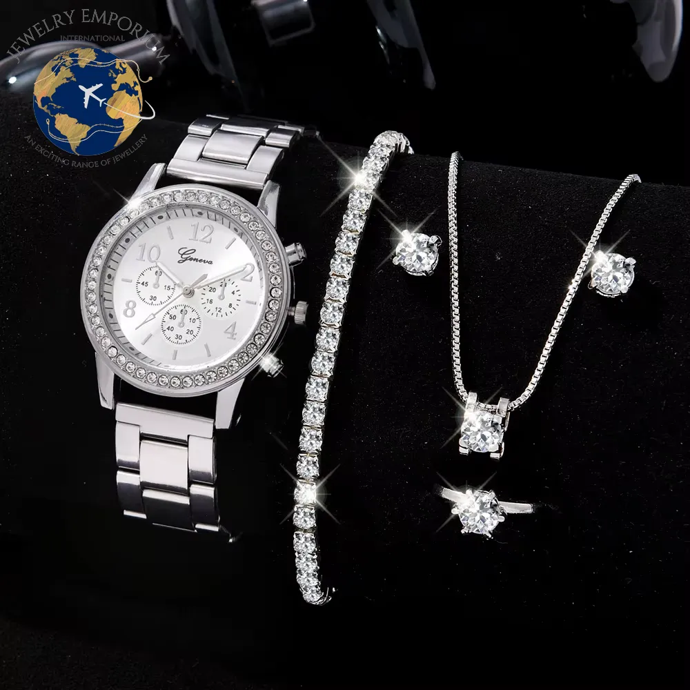 6PCS Set Luxury Watch Women Ring Necklace Earrings Rhinestone Fashion Wristwatch Female Casual Ladies Watches Bracelet Set Clock