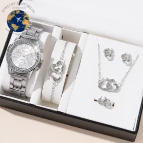 6PCS Set Luxury Watch Women Ring Necklace Earrings Rhinestone Fashion Wristwatch Female Casual Ladies Watches Bracelet Set Clock