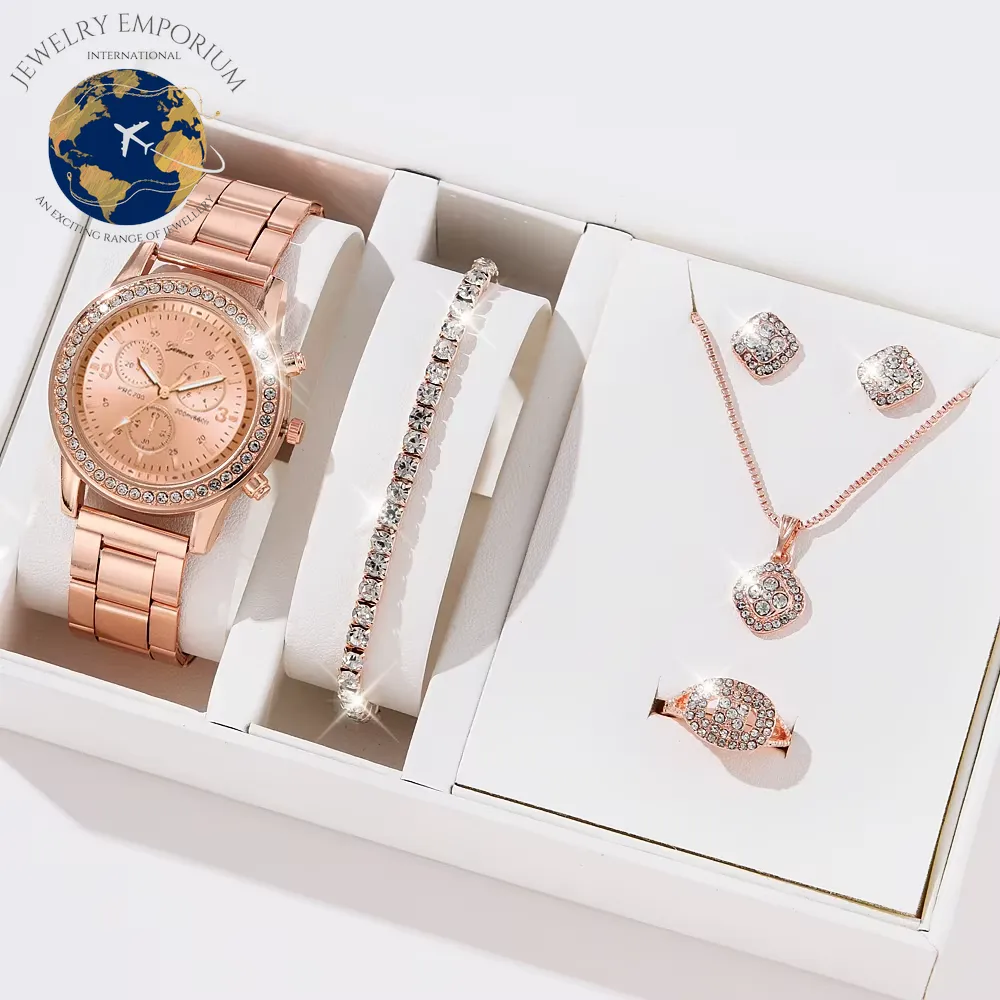 6PCS Set Luxury Watch Women Ring Necklace Earrings Rhinestone Fashion Wristwatch Female Casual Ladies Watches Bracelet Set Clock