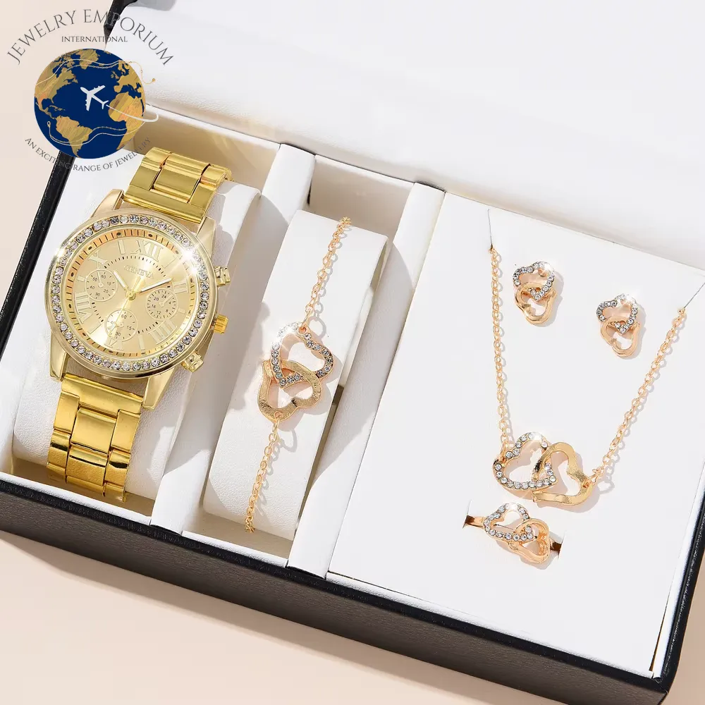 6PCS Set Luxury Watch Women Ring Necklace Earrings Rhinestone Fashion Wristwatch Female Casual Ladies Watches Bracelet Set Clock