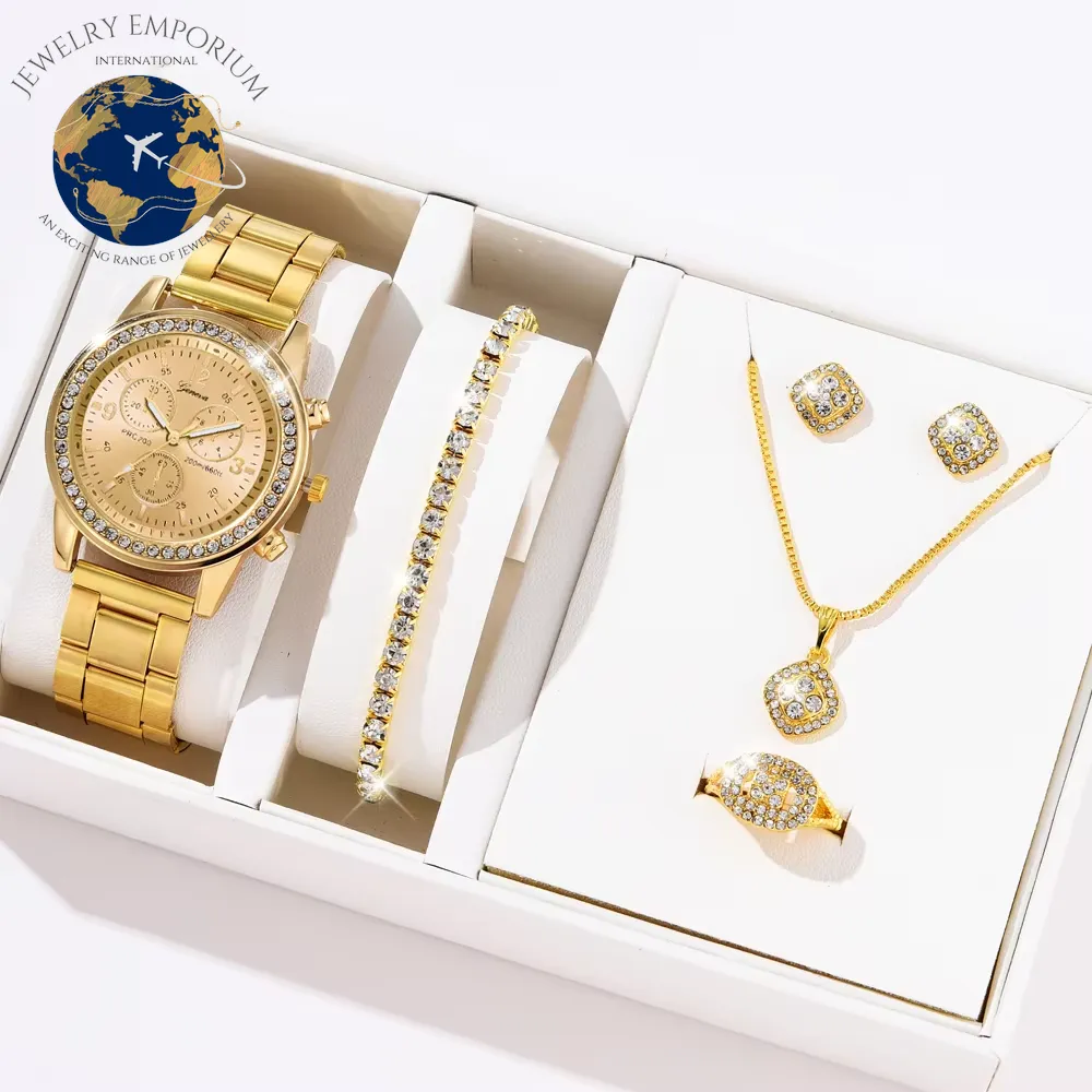 6PCS Set Luxury Watch Women Ring Necklace Earrings Rhinestone Fashion Wristwatch Female Casual Ladies Watches Bracelet Set Clock