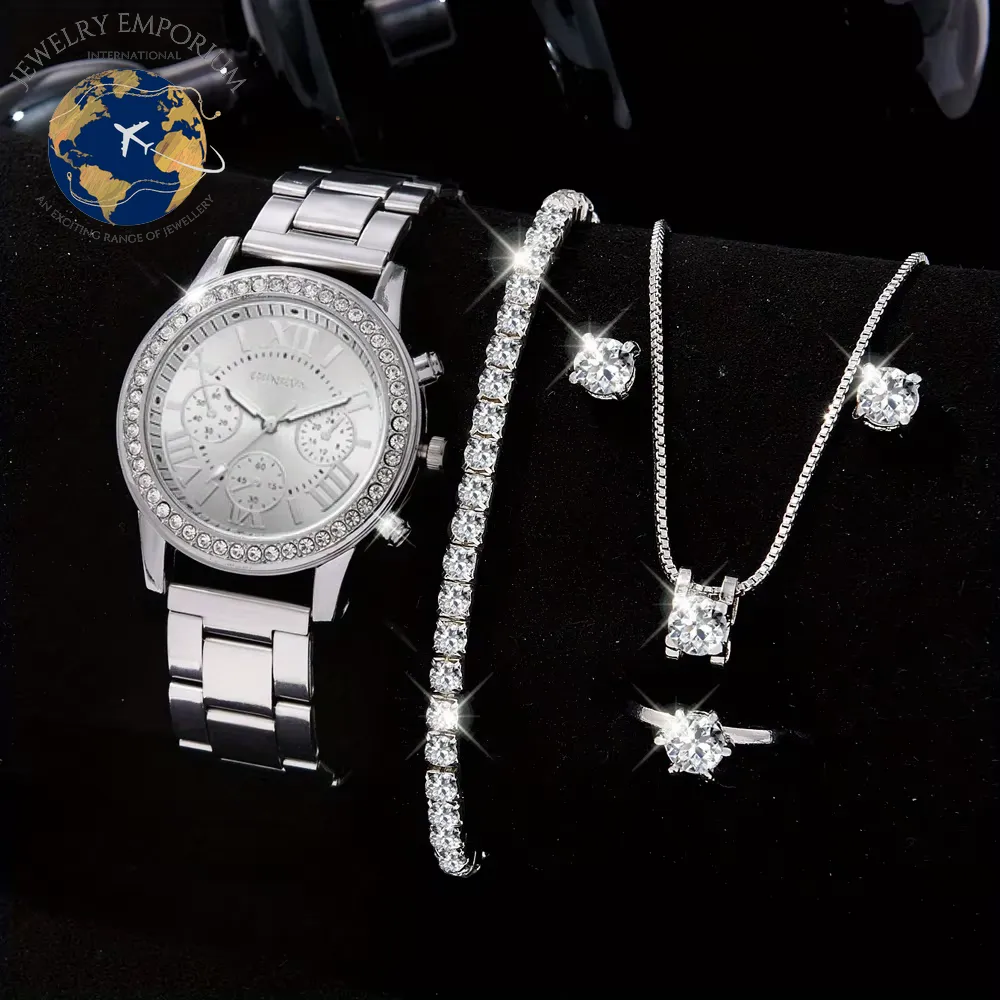 6PCS Set Luxury Watch Women Ring Necklace Earrings Rhinestone Fashion Wristwatch Female Casual Ladies Watches Bracelet Set Clock