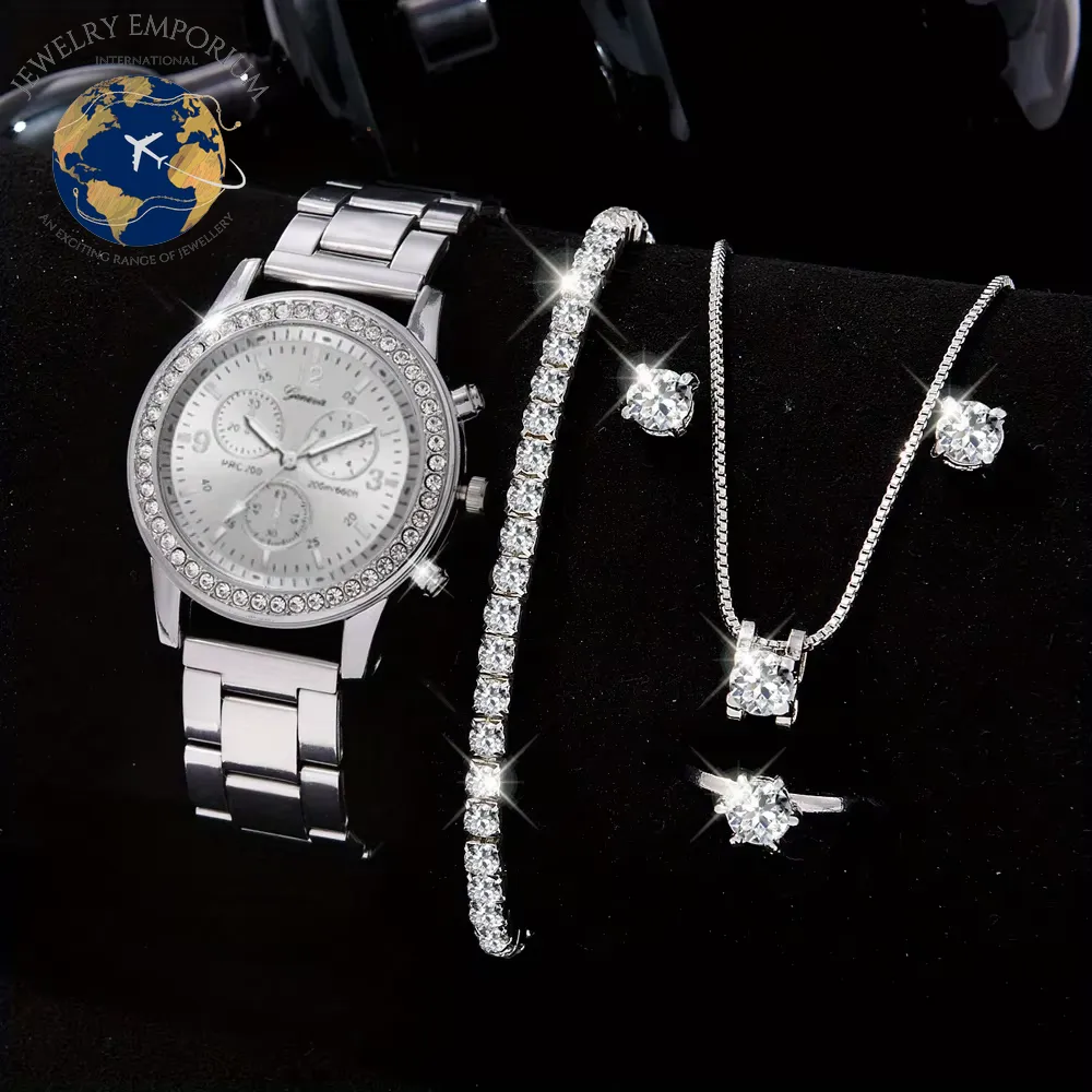 6PCS Set Luxury Watch Women Ring Necklace Earrings Rhinestone Fashion Wristwatch Female Casual Ladies Watches Bracelet Set Clock