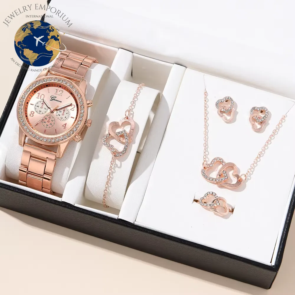 6PCS Set Luxury Watch Women Ring Necklace Earrings Rhinestone Fashion Wristwatch Female Casual Ladies Watches Bracelet Set Clock