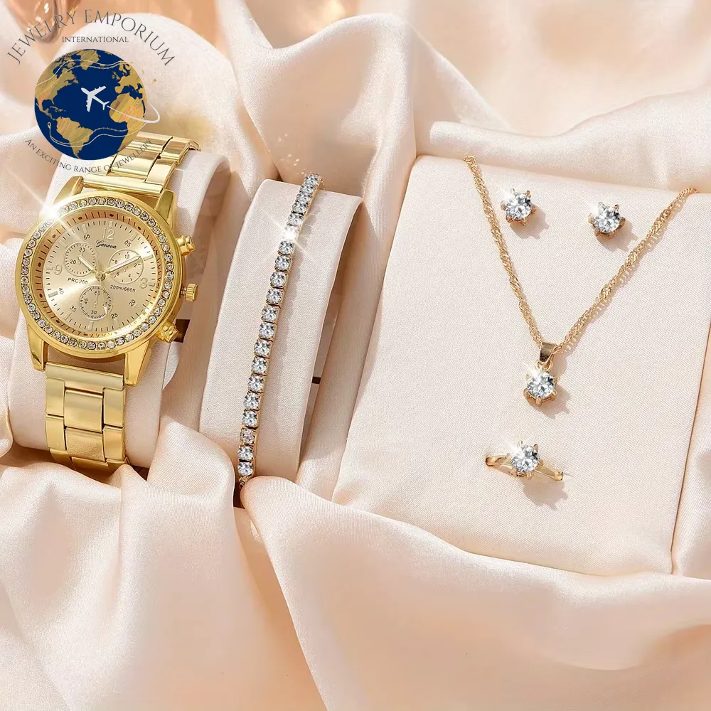 6PCS Set Luxury Watch Women Ring Necklace Earrings Rhinestone Fashion Wristwatch Female Casual Ladies Watches Bracelet Set Clock
