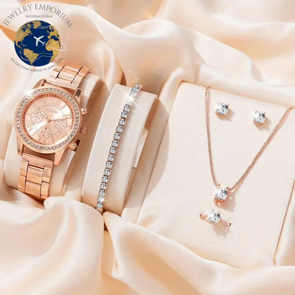 6PCS Set Luxury Watch Women Ring Necklace Earrings Rhinestone Fashion Wristwatch Female Casual Ladies Watches Bracelet Set Clock