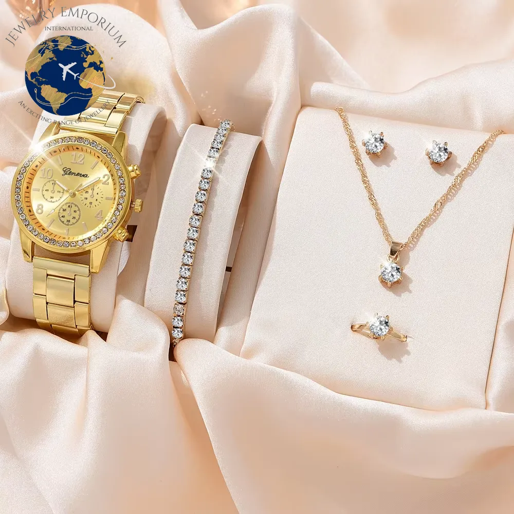 6PCS Set Luxury Watch Women Ring Necklace Earrings Rhinestone Fashion Wristwatch Female Casual Ladies Watches Bracelet Set Clock