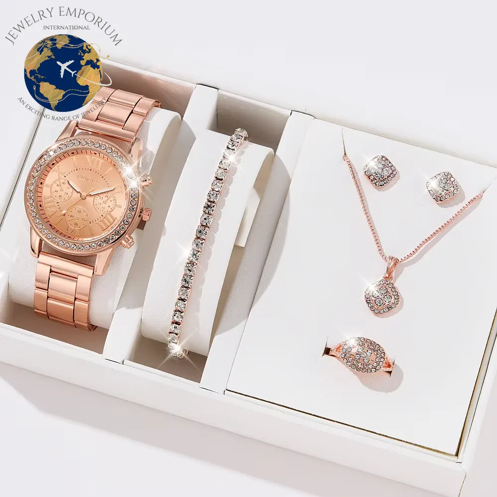 6PCS Set Luxury Watch Women Ring Necklace Earrings Rhinestone Fashion Wristwatch Female Casual Ladies Watches Bracelet Set Clock