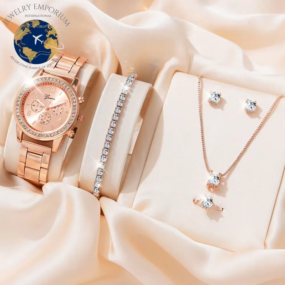 6PCS Set Luxury Watch Women Ring Necklace Earrings Rhinestone Fashion Wristwatch Female Casual Ladies Watches Bracelet Set Clock