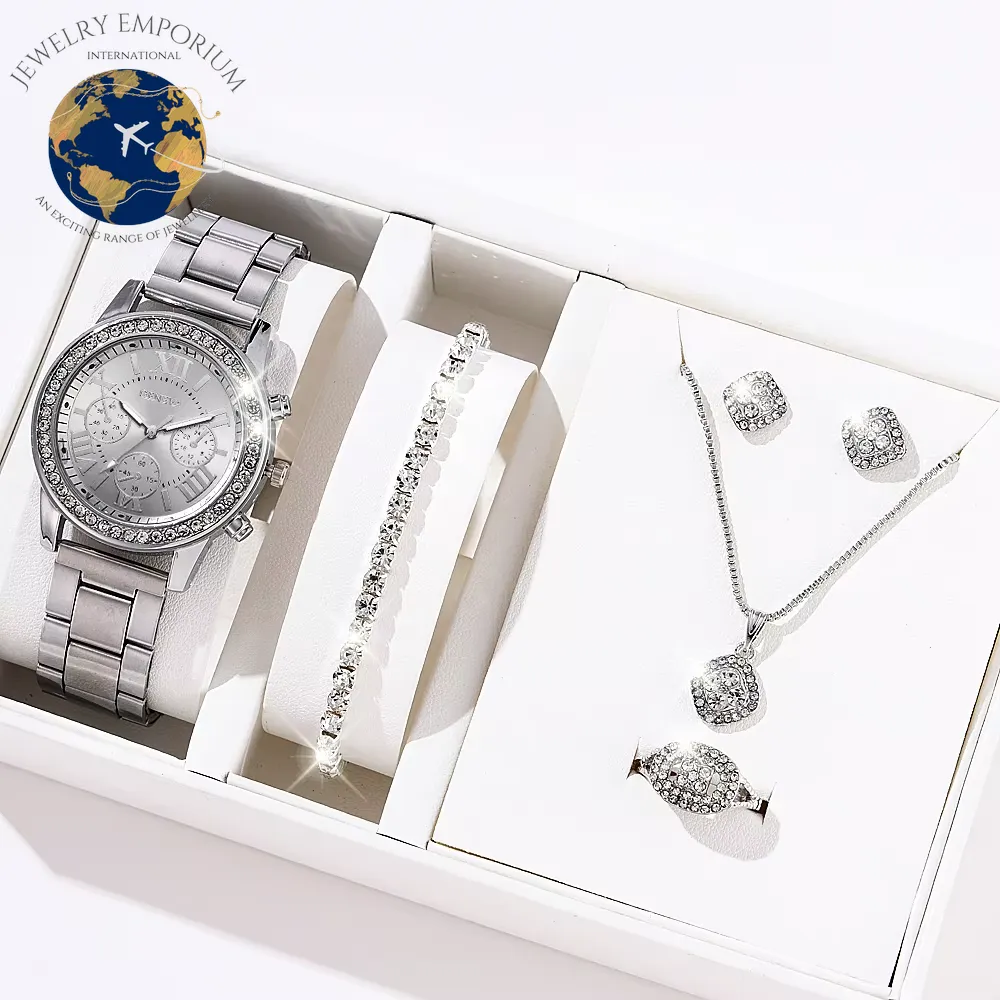 6PCS Set Luxury Watch Women Ring Necklace Earrings Rhinestone Fashion Wristwatch Female Casual Ladies Watches Bracelet Set Clock