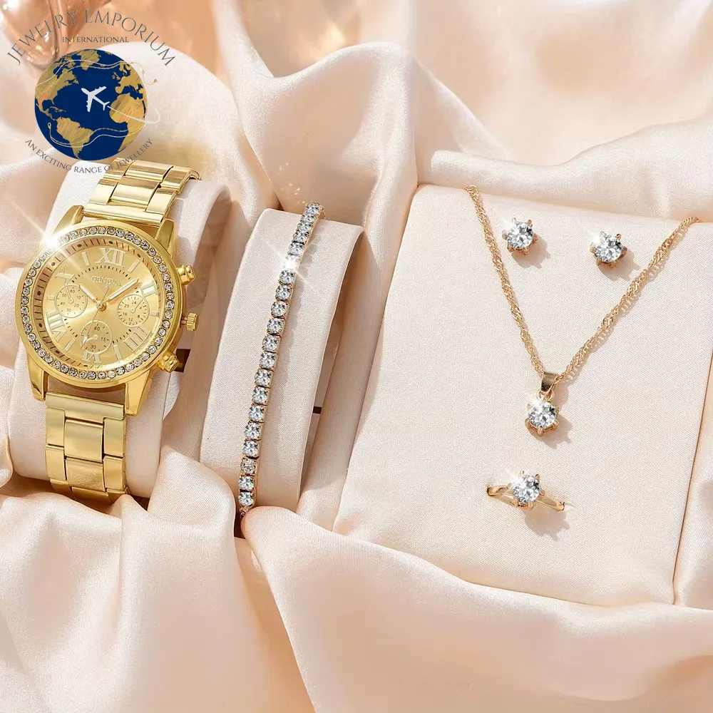 6PCS Set Luxury Watch Women Ring Necklace Earrings Rhinestone Fashion Wristwatch Female Casual Ladies Watches Bracelet Set Clock