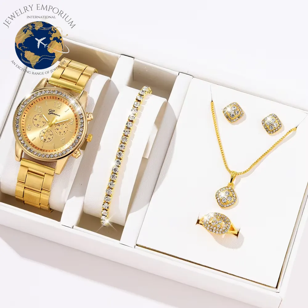 6PCS Set Luxury Watch Women Ring Necklace Earrings Rhinestone Fashion Wristwatch Female Casual Ladies Watches Bracelet Set Clock